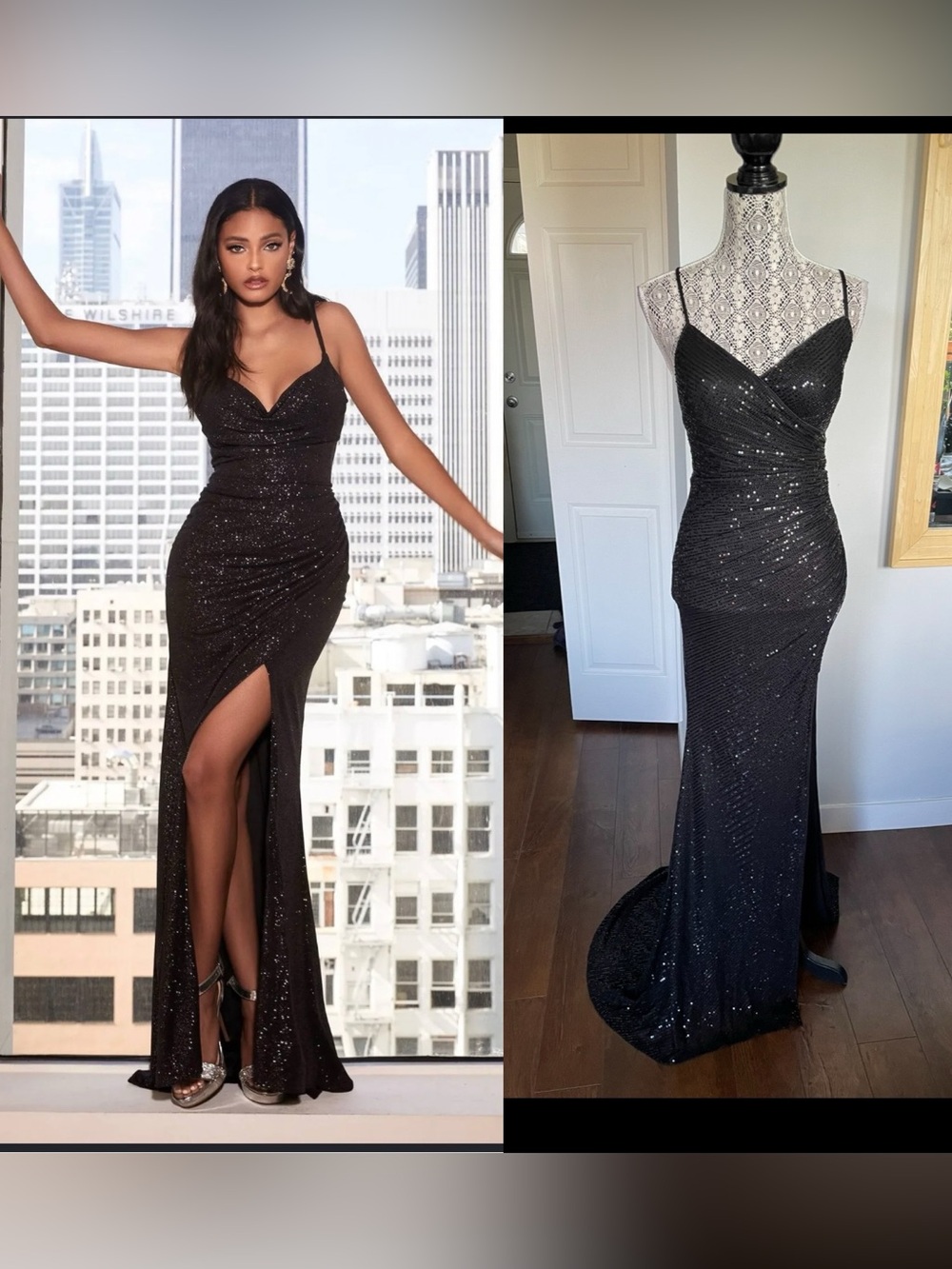Stunning Open Back Surplice Faux Wrap High Slit Maxi Dress Gown Black Sequin. XS
